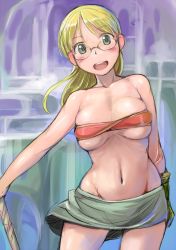 Rule 34 | 1girl, bandeau, blonde hair, blush, breasts, glasses, green eyes, groin, long hair, made in abyss, medium breasts, navel, aged up, open mouth, original, riko (made in abyss), skirt, smile, solo, spoilers, strapless, tsuda nanafushi, tube top, underboob