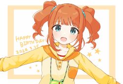 Rule 34 | 1girl, 765pro522, blue eyes, blush, dated, happy birthday, highres, hood, hoodie, idolmaster, idolmaster (classic), looking at viewer, open mouth, orange hair, outstretched arms, smile, solo, spread arms, star (symbol), takatsuki yayoi, twintails