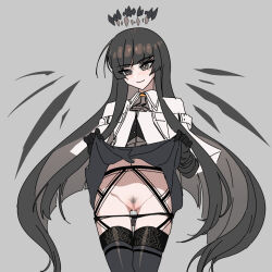 Rule 34 | 1girl, arknights, black gloves, black hair, black panties, black thighhighs, blush, clothes lift, female pubic hair, garter belt, garter straps, gloves, grey background, halo, highres, hime cut, lifting own clothes, long hair, mole, mole under eye, panties, panty pull, pubic hair, pussy, pussy juice, simple background, skirt, skirt lift, smile, solo, stine r, thighhighs, uncensored, underwear, variant set, virtuosa (arknights), wings
