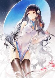 Rule 34 | 1girl, absurdres, azur lane, bare shoulders, black hair, breasts, dress, covered erect nipples, fingerless gloves, flower, gloves, hair flower, hair ornament, highres, long hair, medium breasts, messikid, red eyes, sky, smile, solo, standing, star (symbol), straight hair, thighhighs, thighs, traditional clothes, very long hair, white dress, yat sen (azur lane)