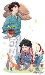 Rule 34 | 1boy, 1girl, all fours, artist name, ashitaka, bag, brown eyes, brown hair, cat, collared shirt, contemporary, denim, gearous, jacket, jeans, jewelry, leaf, mononoke hime, pants, pendant, plant, potted plant, ripped jeans, san (mononoke hime), shirt, smile, torn clothes