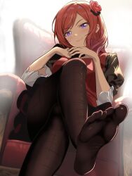 Rule 34 | 1girl, absurdres, backlighting, bad arm, borgbutler, brown pantyhose, chair, closed mouth, crossed legs, feet, flower, foot focus, hair flower, hair ornament, highres, looking at viewer, love live!, love live! school idol project, nishikino maki, no shoes, pantyhose, puffy short sleeves, puffy sleeves, purple eyes, red hair, short sleeves, sitting, skirt, smile, soles, solo
