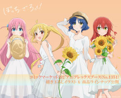Rule 34 | absurdres, ahoge, blonde hair, blue eyes, blue hair, bocchi the rock!, commentary request, cube hair ornament, dress, flower, gotoh hitori, hair ornament, hairclip, hat, highres, holding, holding flower, ijichi nijika, kita ikuyo, looking at viewer, mole, mole under eye, official art, one side up, pink hair, red eyes, red hair, simple background, sun hat, sundress, sunflower, takahashi saki, yamada ryo, yellow eyes