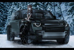 Rule 34 | 1girl, absurdres, black dress, boots, brown eyes, brown hair, car, closed mouth, commission, dress, highres, knee boots, looking at viewer, motor vehicle, nougat (73r1r1), on vehicle, original, outdoors, range rover, range rover defender 90, sitting, smile, snow, solo, sports utility vehicle, thighhighs, tree, vehicle focus