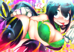 1girl abstract_background asui_tsuyu bikini black_eyes black_hair boku_no_hero_academia breasts gloves hakkasame large_breasts long_hair looking_to_the_side solo swimsuit tongue tongue_out