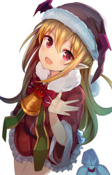 Rule 34 | 10s, 1girl, :d, absurdres, bat wings, bell, blonde hair, blush, christmas, commentary request, fang, granblue fantasy, happy, hat, head wings, highres, jingle bell, long hair, looking at viewer, looking up, marisayaka, open mouth, pointy ears, red eyes, sack, santa costume, santa hat, shingeki no bahamut, smile, solo, vampire, vampy, wings