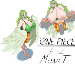 Rule 34 | 1boy, 1girl, absurdres, blush, breasts, colored skin, english text, green hair, grey skin, harpy, hetero, highres, huge breasts, huge penis, legs up, long hair, looking at viewer, looking back, lying, missionary, monet (one piece), monster girl, one piece, open mouth, penis, ponytail, pussy, sex, simple background, sunnysundown, vaginal, white background, white wings, wings