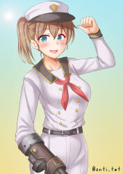 Rule 34 | 1girl, alternate costume, alternate hairstyle, anti (untea9), black neckerchief, blue eyes, breasts, brown hair, cosplay, cosplay request, final fantasy, final fantasy vii, final fantasy vii remake, gloves, gradient background, hat, highres, intrepid (kancolle), kantai collection, large breasts, neckerchief, pants, peaked cap, ponytail, red neckerchief, sailor collar, sailor shirt, shirt, short hair, side ponytail, single glove, solo, twitter username, white hat, white pants, white shirt