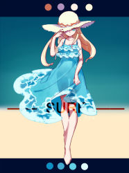 Rule 34 | 1girl, aqua eyes, bare arms, bare legs, barefoot, blonde hair, blue background, blue dress, blue eyes, closed mouth, color guide, dawn church, dress, flat chest, food, frilled dress, frills, full body, gradient background, hand on headwear, hat, hat over one eye, letterboxed, long hair, looking at viewer, one eye covered, original, outside border, see-through silhouette, sleeveless, sleeveless dress, solo, standing, sun hat, sundress, thigh gap, waves