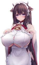 Rule 34 | 1girl, absurdres, animal ears, azur lane, bare shoulders, blush, breasts, brown hair, embarrassed, hair ornament, hands on own chest, highres, huge breasts, kashino (azur lane), kashino (maid for mayhem) (azur lane), long hair, looking at viewer, official alternate costume, purple eyes, solo, standing, white background, yuuki shuri