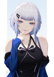 Rule 34 | 1girl, bare shoulders, black ribbon, black tank top, blue eyes, blue jacket, blue nails, blunt bangs, blush, breasts, closed mouth, collarbone, ear piercing, finger to mouth, hair ornament, hairclip, halterneck, hand up, highres, index finger raised, jacket, large breasts, lerio (leriodraws), long sleeves, looking at viewer, nail polish, off-shoulder jacket, off shoulder, original, piercing, ribbon, riva (ava), short hair, short hair with long locks, signature, smile, solo, tank top, two-tone ribbon, upper body, white ribbon