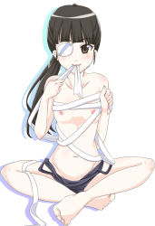Rule 34 | 00s, 1girl, bandages, barefoot, black hair, brown eyes, eyepatch, feet, flat chest, indian style, miya (pure lemon), one-piece swimsuit, ponytail, pure-lemon, sakamoto mio, school swimsuit, sitting, solo, strike witches, swimsuit, topless, world witches series