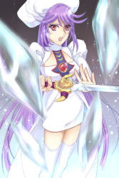Rule 34 | 1girl, atwight eks, breasts, dress, hat, ice, long hair, open mouth, purple hair, red eyes, sword, tales of (series), tales of destiny, thighhighs, very long hair, weapon