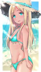 Rule 34 | 1girl, beach, bikini, blonde hair, blue bikini, blue eyes, breasts, brown hat, cleavage, from side, hat, highres, idolmaster, idolmaster cinderella girls, layla (idolmaster), long hair, looking at viewer, mariabowl, navel, ocean, open mouth, outdoors, small breasts, smile, solo, sun hat, swimsuit, thighs
