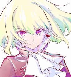 Rule 34 | 1boy, ascot, blonde hair, close-up, closed mouth, earrings, highres, jacket, jewelry, lio fotia, looking at viewer, male focus, mecyo (mamezurushiki), promare, purple eyes, solo
