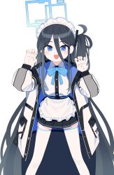 Rule 34 | 1girl, absurdres, apron, aris (blue archive), black hair, black skirt, blue archive, blue eyes, blush, claw pose, coat, hair between eyes, halo, highres, long hair, long sleeves, looking at viewer, mabera, maid headdress, one side up, open clothes, open coat, open mouth, pleated skirt, shirt, simple background, skirt, solo, thighhighs, very long hair, waist apron, white apron, white background, white coat, white shirt, white thighhighs
