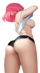 Rule 34 | 1girl, ass, bare shoulders, breasts, edenenoden, from behind, from below, highres, huge ass, large breasts, original, pink hair, shiny clothes, shiny skin, short hair, short shorts, shorts, sideboob, simple background, solo, thighs, undressing, white background