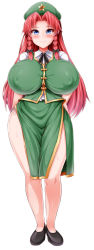 Rule 34 | 1girl, beret, black footwear, black ribbon, blue eyes, bow, braid, breasts, chinese clothes, closed mouth, covered erect nipples, full body, green hat, green skirt, green vest, hair bow, hat, hat ornament, hong meiling, huge breasts, long hair, looking at viewer, monaka (gatinemiku), neck ribbon, parted bangs, red hair, ribbon, shirt, short sleeves, side braids, simple background, skirt, smile, solo, standing, star (symbol), star hat ornament, touhou, twin braids, vest, white background, white shirt