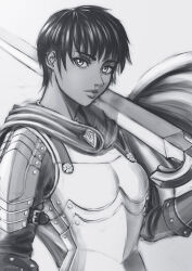 Rule 34 | 1girl, armor, berserk, black hair, cape, casca (berserk), commentary, commentary request, emblem, english commentary, eyelashes, looking at viewer, plate armor, short hair, simple background, sketch, solo, standing, sword, weapon, white background, zetman92