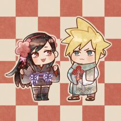 Rule 34 | 1boy, 1girl, :3, ankle boots, black footwear, black hair, black kimono, black thighhighs, blonde hair, blue eyes, blush, boots, breasts, checkered background, chibi, closed mouth, cloud strife, cloud strife (official festive garb), commentary request, final fantasy, final fantasy vii, final fantasy vii ever crisis, final fantasy vii remake, flower, flower knot, full body, hair flower, hair ornament, hands up, japanese clothes, kimono, long hair, long sleeves, looking at another, medium breasts, obi, official alternate costume, open mouth, red eyes, red flower, rena s1226, sash, scarf, short hair, short kimono, smile, smug, spiked hair, standing, thighhighs, tifa lockhart, tifa lockhart (exotic dress), toeless footwear, wide sleeves, zettai ryouiki