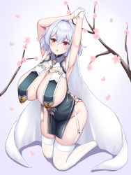Rule 34 | 1girl, absurdres, armpits, arms up, azur lane, branch, breast curtains, breasts, cherry blossoms, china dress, chinese clothes, cleavage, comotaro, dress, full body, garter straps, gloves, grey dress, hair between eyes, half gloves, highres, huge breasts, kneeling, light purple hair, looking at viewer, medium hair, no panties, official alternate costume, pelvic curtain, red eyes, revealing clothes, ribbon between breasts, see-through, short hair, silver hair, sirius (azur lane), sirius (azure horizons) (azur lane), skindentation, sleeveless, solo, thighhighs, white gloves, white thighhighs