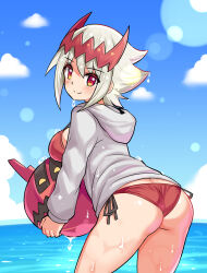 Rule 34 | 1girl, ass, ball, beachball, bikini, blue sky, blush, cougar (cougar1404), dragon: marked for death, empress (dmfd), from behind, holding, holding ball, hood, hooded jacket, jacket, looking at viewer, looking back, ocean, open clothes, open jacket, red bikini, red eyes, scar, scar on face, short hair, side-tie bikini bottom, sky, solo, swimsuit, tiara, water drop, white hair, white jacket