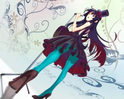 Rule 34 | 1girl, akiyama mio, artist request, blue pantyhose, don&#039;t say &quot;lazy&quot;, dress, female focus, guitar, hat, high heels, instrument, k-on!, legs, long hair, looking at viewer, microphone, microphone stand, pantyhose, shoes, solo, standing, stiletto heels, top hat, very long hair