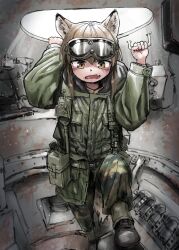 Rule 34 | 1girl, absurdres, animal ears, boots, brown eyes, brown hair, fang, fox ears, fox girl, fox girl (yihan1949), fox tail, goggles, goggles on head, highres, military uniform, military vehicle, motor vehicle, original, solo, tail, tank, tank interior, uniform, yihan1949
