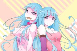 Rule 34 | 2girls, bare shoulders, blue hair, breasts, cleavage, drooling, halphelt, heart, heart-shaped pupils, highres, long hair, looking at viewer, me!me!me!, medium breasts, meme (me!me!me!), multiple girls, navel, open mouth, purple eyes, smile, symbol-shaped pupils, tank top, upper body