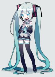 Rule 34 | 1girl, absurdly long hair, aqua eyes, aqua hair, asp@juken, black thighhighs, boots, detached sleeves, full body, hatsune miku, headset, long hair, necktie, open mouth, skirt, solo, steepled fingers, thigh boots, thighhighs, twintails, uneven eyes, very long hair, vocaloid