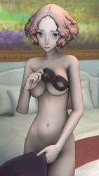 Rule 34 | 1girl, 3d, absurdres, brown eyes, brown hair, covering privates, covering breasts, covering crotch, hat, highres, juicytomaco, looking at viewer, mask, nude, okumura haru, persona, persona 5, solo