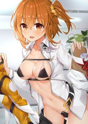 Rule 34 | 1girl, absurdres, belt, bikini, bikini under clothes, black belt, black bikini, black skirt, blurry, blurry background, blush, breasts, cleavage, clothes hanger, clothes pull, collarbone, collared shirt, commentary request, cowboy shot, depth of field, fate/grand order, fate (series), fujimaru ritsuka (female), fujimaru ritsuka (female) (chaldea combat uniform), gluteal fold, hair between eyes, hair ornament, hair scrunchie, highres, holding, holding clothes, homurahara academy school uniform, indoors, leaning forward, looking at viewer, medium breasts, micro bikini, navel, official alternate costume, one side up, open clothes, open shirt, orange eyes, orange hair, plant, pleated skirt, potted plant, school uniform, scrunchie, shirt, shuutou haruka, skirt, skirt pull, smile, solo, string bikini, swimsuit, swimsuit under clothes, white shirt, wing collar