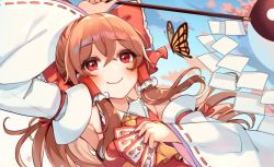 Rule 34 | 1girl, arm up, ascot, between fingers, blush, bow, brown hair, bug, butterfly, detached sleeves, gohei, hair between eyes, hair bow, hair tubes, hakurei reimu, holding, insect, kirero, long hair, long sleeves, looking at viewer, no nose, nontraditional miko, ofuda, orb, red bow, red eyes, ribbon-trimmed sleeves, ribbon trim, solo, touhou, wide sleeves, yellow ascot, yin yang, yin yang orb