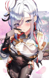 Rule 34 | 1girl, absurdres, blue eyes, blush, bodysuit, breasts, bridal gauntlets, cherry blossoms, chinese clothes, covered navel, earrings, eyes visible through hair, falling petals, fantongjun, genshin impact, gold trim, hair ornament, hair over one eye, hand up, highres, hip vent, jewelry, parted lips, petals, shenhe (genshin impact), silver hair, solo, sweat, tassel, tassel earrings, thigh gap, wet