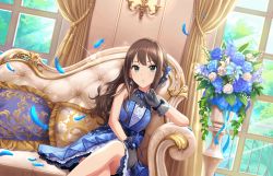 Rule 34 | 1girl, annindoufu (oicon), bare shoulders, blue dress, blue flower, blue rose, bouquet, brown hair, couch, crossed legs, curtains, dress, earrings, eternal bloom (idolmaster), feathers, flower, gloves, green eyes, hair ornament, highres, idolmaster, idolmaster cinderella girls, idolmaster cinderella girls starlight stage, jewelry, lace, long hair, looking at viewer, necklace, official art, parted lips, pillow, ribbon, rose, shibuya rin, sitting, sleeveless, sleeveless dress, window