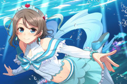 Rule 34 | 10s, 1girl, air bubble, bare shoulders, blue eyes, blush, brown hair, bubble, closed mouth, collarbone, detached sleeves, earrings, fish, gloves, hair ornament, jewelry, koi ni naritai aquarium, light rays, looking at viewer, love live!, love live! sunshine!!, midriff, nanotsuki, navel, outstretched arms, shoes, short hair, skirt, smile, solo, thighhighs, underwater, watanabe you