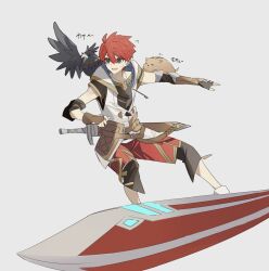 1boy 2others adol_christin ahoge animal animal_on_shoulder bird bird_on_shoulder brown_eyes crow double-parted_bangs fingerless_gloves george_man gloves hair_between_eyes highres hood hoodie jewelry multiple_others pendant red_hair short_hair simple_background surfboard surfing sword weapon white_background ys ys_x_nordics