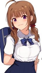 Rule 34 | 1girl, ahoge, alternate hairstyle, arm behind back, bag, blue bow, blue bowtie, blue skirt, bow, bowtie, brown hair, carrying, closed mouth, commentary, dress shirt, hair ornament, hair scrunchie, hand on own arm, head tilt, high-waist skirt, idolmaster, idolmaster million live!, kamille (vcx68), looking at viewer, low twintails, medium hair, pleated skirt, purple eyes, red scrunchie, ribbon, school bag, school uniform, scrunchie, shirt, sidelocks, simple background, skirt, smile, solo, twintails, upper body, white background, white shirt, wing collar, yokoyama nao