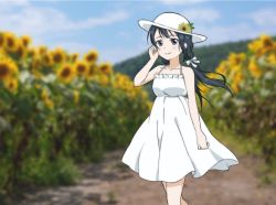 Rule 34 | 1girl, a jet black magician (love live!), artist name, artist request, bare legs, bare shoulders, black hair, blue hair, blue sky, blush, bow, braid, breasts, brown hat, cloud, collarbone, crescent, crescent necklace, dark blue hair, day, dress, dress bow, female focus, field, floating hair, flower, flower field, grey eyes, hair bow, hat, highres, jewelry, long hair, looking at viewer, love live!, love live! nijigasaki high school idol club, love live! school idol festival, love live! school idol festival all stars, miniskirt, necklace, outdoors, parted lips, plaid, plaid dress, plaid skirt, pleated, pleated dress, pleated skirt, ponytail, side ponytail, single braid, skirt, sky, small breasts, smile, solo, striped, striped bow, sundress, sunflower, white bow, white dress, white skirt, yuki setsuna (love live!)