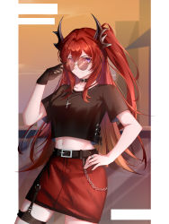 Rule 34 | 1girl, absurdres, arknights, belt, black belt, black choker, black shirt, chain, chinese commentary, choker, commentary request, crop top, cross, cross necklace, hair between eyes, hair intakes, hand on own hip, hand up, highres, horns, jewelry, long hair, looking at viewer, miaowu, midriff, miniskirt, navel, necklace, official alternate costume, one side up, pencil skirt, purple eyes, red hair, red skirt, round eyewear, shirt, short sleeves, skirt, smile, solo, stomach, sunglasses, surtr (arknights), surtr (liberte echec) (arknights), thigh strap, very long hair
