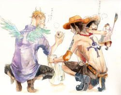 Rule 34 | 3boys, aged down, bag, baozi, belt, black pants, blonde hair, boots, bracelet, brother, brothers, brown hair, chikama (minka), child, dumpling, eating, edward newgate, figure, food, grin, hat, jewelry, jolly roger, male focus, marco (one piece), monkey d. luffy, multiple boys, necklace, one piece, pants, pirate, portgas d. ace, purple shirt, sandals, scar, shirt, shopping bag, shorts, siblings, smile, squatting, straw hat, tattoo, topless male, translated, whitebeard pirates jolly roger, wings