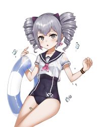 Rule 34 | 1girl, aliceblue, bad id, bad pixiv id, bandaid, blush, bronya zaychik, covered navel, crop top, crossed bangs, drill hair, earrings, grey eyes, grey hair, hands up, highres, holding, honkai (series), honkai impact 3rd, innertube, jewelry, long hair, one-piece swimsuit, open mouth, ringlets, sailor collar, school swimsuit, short sleeves, sidelocks, simple background, solo, swim ring, swimsuit, swimsuit under clothes, thighs, triangle mouth, tsurime, water drop, white background