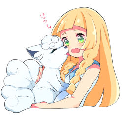 Rule 34 | 1girl, alolan form, alolan vulpix, blonde hair, blunt bangs, braid, collared dress, commentary request, creatures (company), dress, game freak, gen 7 pokemon, hetchhog tw, licking, licking another&#039;s face, lillie (pokemon), long hair, nintendo, open mouth, pokemon, pokemon (anime), pokemon (creature), pokemon sm (anime), simple background, sleeveless, thick eyebrows, twin braids, upper body, wavy mouth, white background