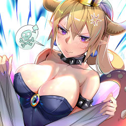 Rule 34 | 1girl, alcoholrang, armlet, bare shoulders, blonde hair, blue gemstone, blush, bowsette, bracelet, breasts, bright pupils, cleavage, collar, crown, earrings, eyelashes, fang, fang out, gem, hair between eyes, horns, jewelry, large breasts, leotard, lifted by self, long hair, mario (series), nintendo, no bra, pointy ears, purple eyes, skindentation, sleeveless, solo, spiked armlet, spiked bracelet, spiked collar, spikes, spoken skull and crossbones, sweatdrop, tears, v-shaped eyebrows