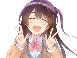 Rule 34 | 1girl, blush, bow, bowtie, brown hair, closed eyes, collared shirt, commentary request, double v, e (eokiba), facing viewer, idolmaster, idolmaster cinderella girls, long hair, one side up, open mouth, school uniform, shimamura uzuki, shirt, simple background, smile, solo, upper body, v, white background
