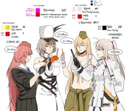 Rule 34 | 4girls, arm behind back, bare shoulders, black shirt, black skirt, blonde hair, bright pupils, brown hair, bullet, character request, coat, cropped jacket, dress, girls&#039; frontline, hair ornament, hairpin, hand on own hip, hat, hat feather, holding, holding bullet, huqu, iws 2000 (girls&#039; frontline), jewelry, kord (girls&#039; frontline), long hair, m2hb (girls&#039; frontline), medium hair, military uniform, multiple girls, necklace, ntw-20 (girls&#039; frontline), open mouth, parted lips, red eyes, red hair, shirt, skirt, smile, uniform, very long hair, white coat, white dress, white pupils
