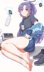Rule 34 | 1girl, ass, bare legs, barefoot, blue archive, blue buruma, blue eyes, blue hair, blue jacket, blue shirt, bottle, buruma, commentary, drone, fangxiang cuoluan, feet, halo, highres, jacket, lanyard, long hair, looking at viewer, lying, mechanical halo, name tag, off shoulder, official alternate costume, on side, one side up, open clothes, open jacket, open mouth, parted bangs, parted lips, reclining, shirt, shoes, unworn shoes, sidelocks, simple background, sitting, soles, solo, star sticker, sticker on face, t-shirt, thighs, toes, track jacket, water bottle, white background, yuuka (blue archive), yuuka (track) (blue archive)