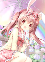 Rule 34 | 1girl, :d, animal ears, blue flower, bow, brown cardigan, brown hair, rabbit ears, cardigan, commentary request, day, feet out of frame, flower, hair bow, highres, holding, holding umbrella, hydrangea, long hair, long sleeves, looking at viewer, nanase miori, on bench, open mouth, original, outdoors, pink bow, pink flower, pink sailor collar, pink skirt, plaid, plaid bow, plaid sailor collar, plaid skirt, pleated skirt, purple flower, rain, rainbow, red bow, red eyes, sailor collar, school uniform, serafuku, sitting, skirt, sleeves past wrists, smile, solo, twintails, umbrella