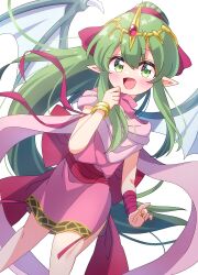 Rule 34 | 1girl, :d, absurdres, blush, bracelet, dragon girl, dragon wings, dress, fire emblem, fire emblem: mystery of the emblem, green eyes, green hair, hair between eyes, highres, jewelry, long hair, looking at viewer, mmmera827, nintendo, open mouth, pink dress, pointy ears, ponytail, ring, smile, solo, tiki (fire emblem), tiki (young) (fire emblem), very long hair, white background, wings