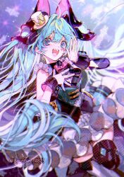 1girl ahoge black_bow blue_eyes blue_hair bow bowtie cowboy_shot frilled_skirt frills gloves hair_bow hands_up hat hatsune_miku long_hair magical_mirai_(vocaloid) magical_mirai_miku magical_mirai_miku_(2019) mini_hat mini_top_hat open_mouth pink_bow pink_bowtie sapphire_(nine) skirt smile solo top_hat twintails very_long_hair vocaloid white_gloves white_hat